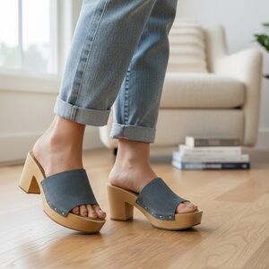 Veronica Beard Blue and Tan Mules with Suede Strap